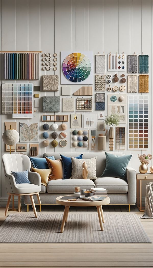 An interior design mood board showing a cohesive design scheme, including color swatches, furniture selections, fabric samples, and decorative items, all matching in style and color.