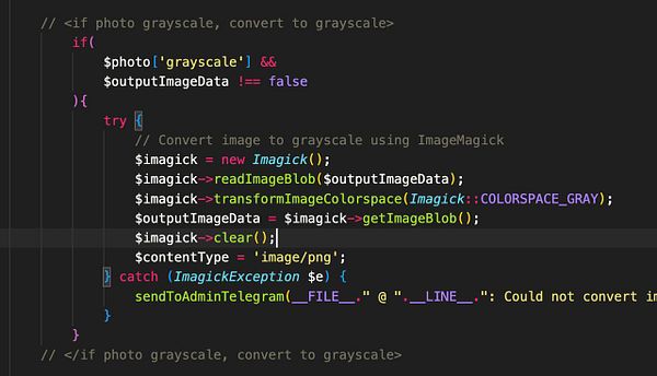 The image displays a code snippet for converting images to grayscale using ImageMagick.