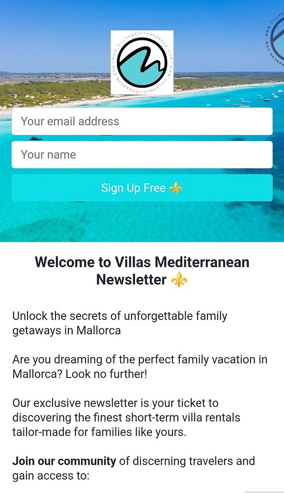 A newsletter sign-up landing page for Villas Mediterranean featuring a scenic beach background.