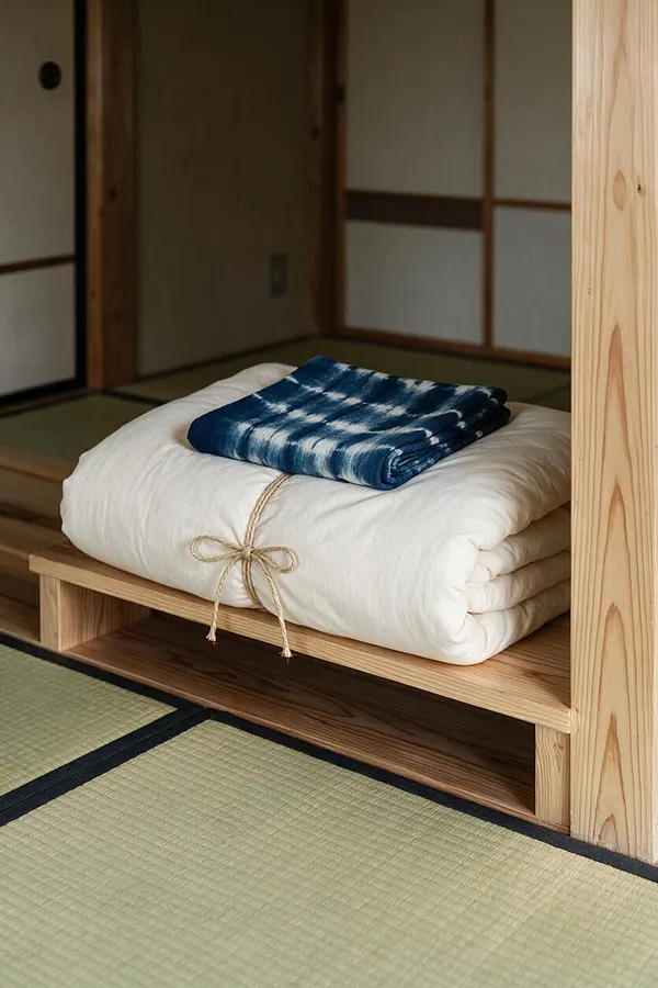 A low Japanese-style sleeping setup sits on tatami flooring, featuring a light pine wood platform holding a folded white futon tied with twine and topped with a blue tie-dye textile. Shoji-style wall panels and warm wood trim create a calm Zen atmosphere.