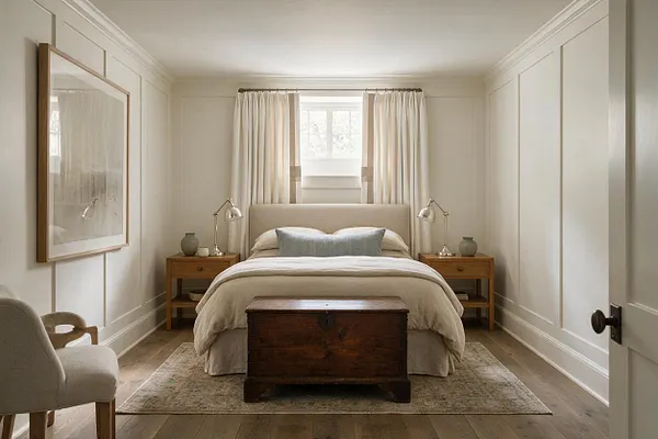A softly lit basement bedroom in a transitional style features a neutral upholstered bed centered beneath a small window with cream curtains. Matching wooden nightstands, silver lamps, a vintage trunk at the foot of the bed, and a large framed artwork create a calm, layered look.
