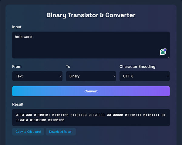 The image displays a binary translator and converter interface.