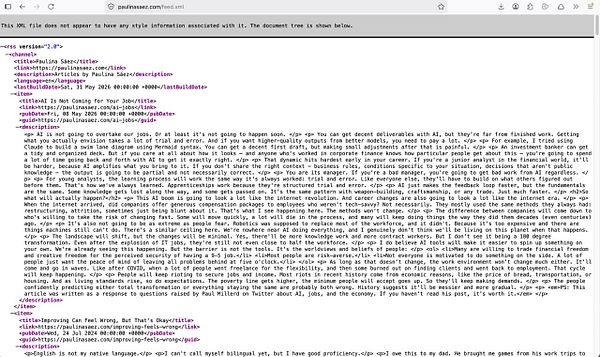 Screenshot of an RSS feed rendered in a web browser displaying blog posts in XML format.