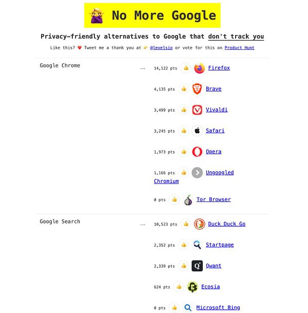 Screenshot of the nomoregoogle.com homepage with a header, announcement banner, and sections explaining the site's advocacy against Google.