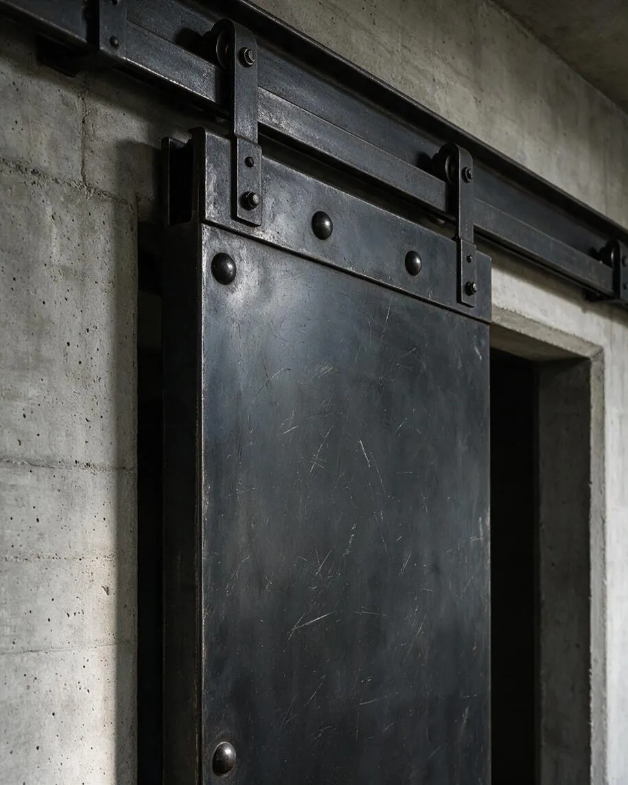 A close-up view of a dark metal sliding barn door mounted on a track against a raw concrete wall. The door has visible bolts and brackets, with a scratched matte finish that emphasizes the industrial look.