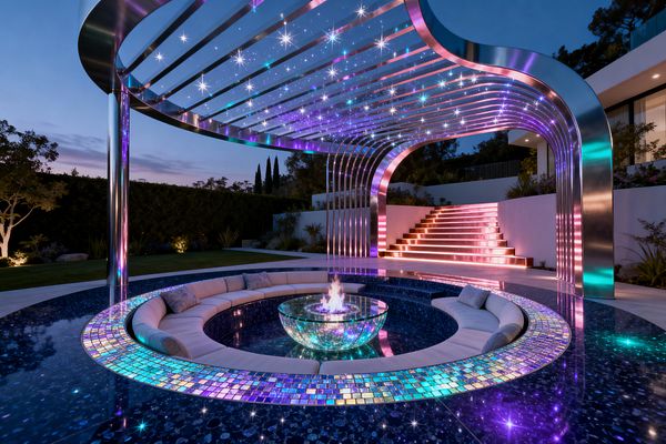 A futuristic patio at dusk features a circular sunken seating area with pale cushions around a clear glass fire bowl, bordered by an iridescent mosaic ring set in a dark, starry-looking surface. Overhead, polished metal arches curve into a clear canopy dotted with tiny star-like lights, while integrated LEDs wash the structure and adjacent steps in magenta, teal, and violet tones. Manicured greenery and lawn frame the glowing scene.