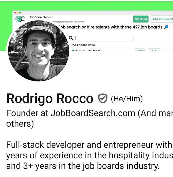 The image displays a LinkedIn profile of Rodrigo Rocco, highlighting his professional background and experience.