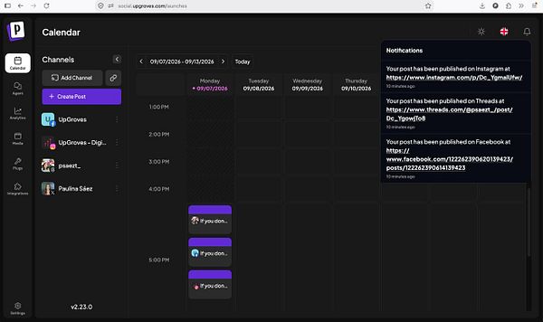 Screenshot of the Postiz social media posting interface with a preview of a multi-platform post.