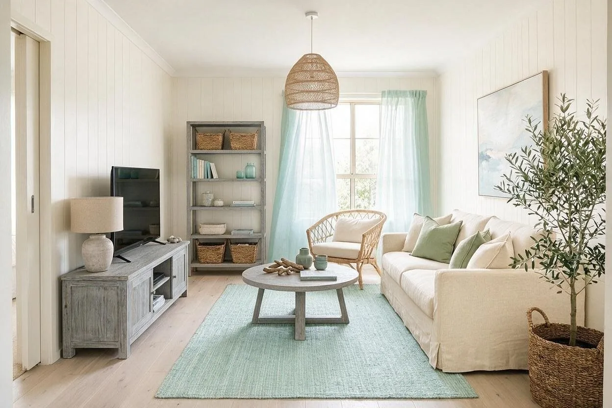 The same Coastal living room in the Dune palette: warm white, dune sand, seagrass, weathered gray, and pale aqua