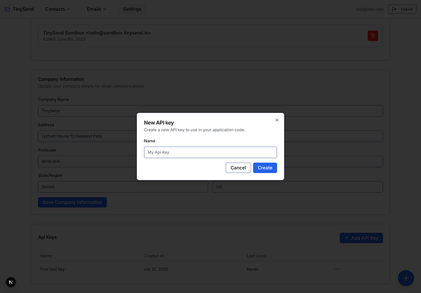 The image displays a user interface for managing API keys within the TinySend application.