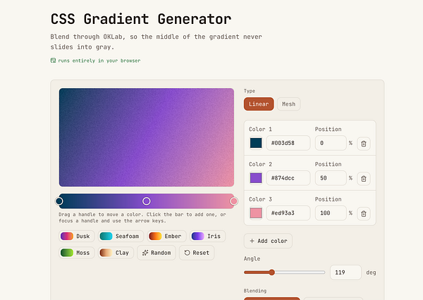 Screenshot of a web interface displaying a colorful gradient generator with a preview and CSS code output.
