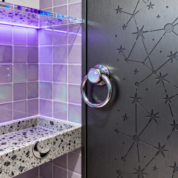 Close-up of a mudroom nook featuring iridescent lavender square tiles, a clear acrylic shelf sprinkled with holographic flecks, and purple LED underlighting. A speckled gray terrazzo catchall with a crescent-moon pull sits beside a matte black cabinet door etched with constellation patterns, finished with a chrome ring pull topped by an opalescent cap.