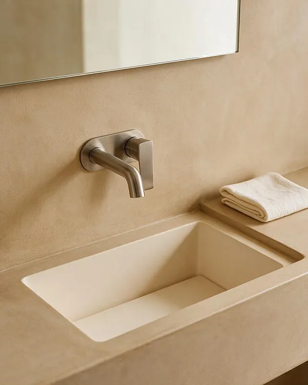A minimalist bathroom vignette with a rectangular integrated sink set into a smooth beige stone or plaster counter. A brushed metal wall-mounted faucet sits above the basin, and a folded white towel rests on the ledge beside it, with a simple mirror visible at the top.