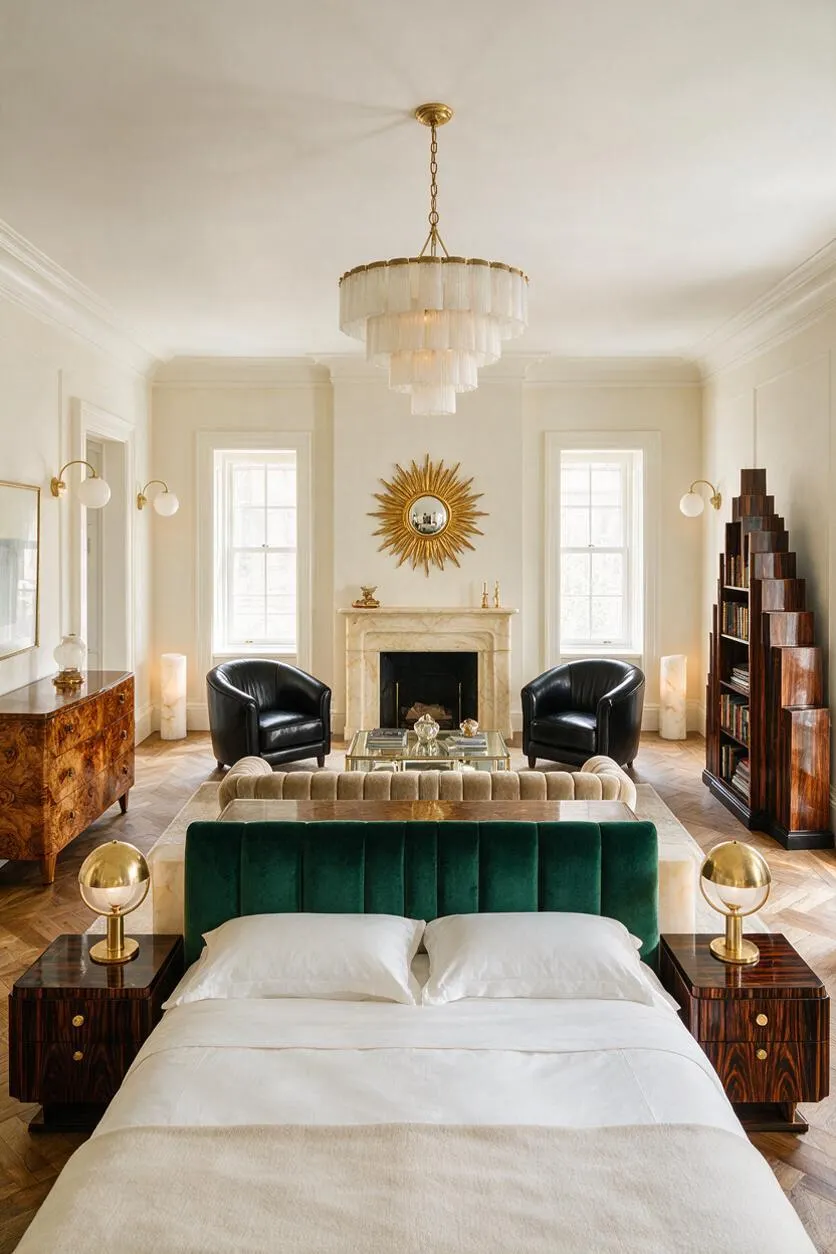 A refined guest bedroom blends sleeping and sitting areas, with a velvet green bed, dark wood nightstands, and brass lamp accents in the foreground. Beyond the bed are black leather armchairs, a mirrored coffee table, a marble fireplace, a sunburst wall mirror, and a tiered chandelier, all in a soft cream-and-gold palette.