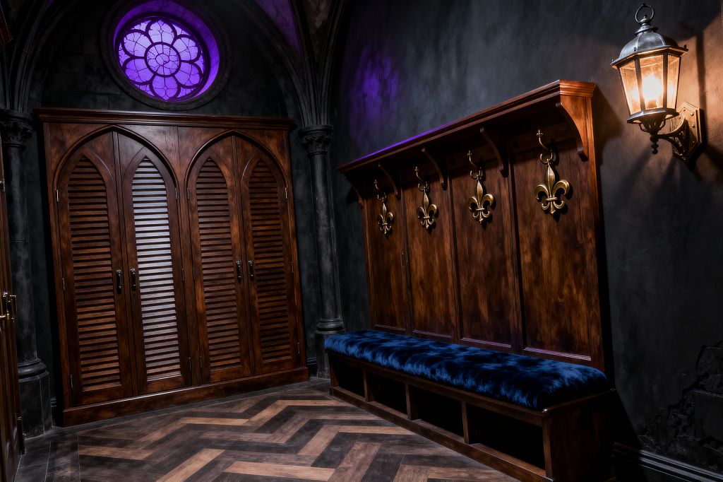A dark, Gothic-style mudroom features arched louvered closet doors and a built-in wooden hall tree with brass fleur-de-lis hooks, open cubbies, and a deep royal-blue velvet bench seat. Charcoal textured walls and slender columns surround a round stained-glass window that glows purple. A metal and glass wall lantern casts warm light over a herringbone wood floor, creating a dramatic yet functional entry space.