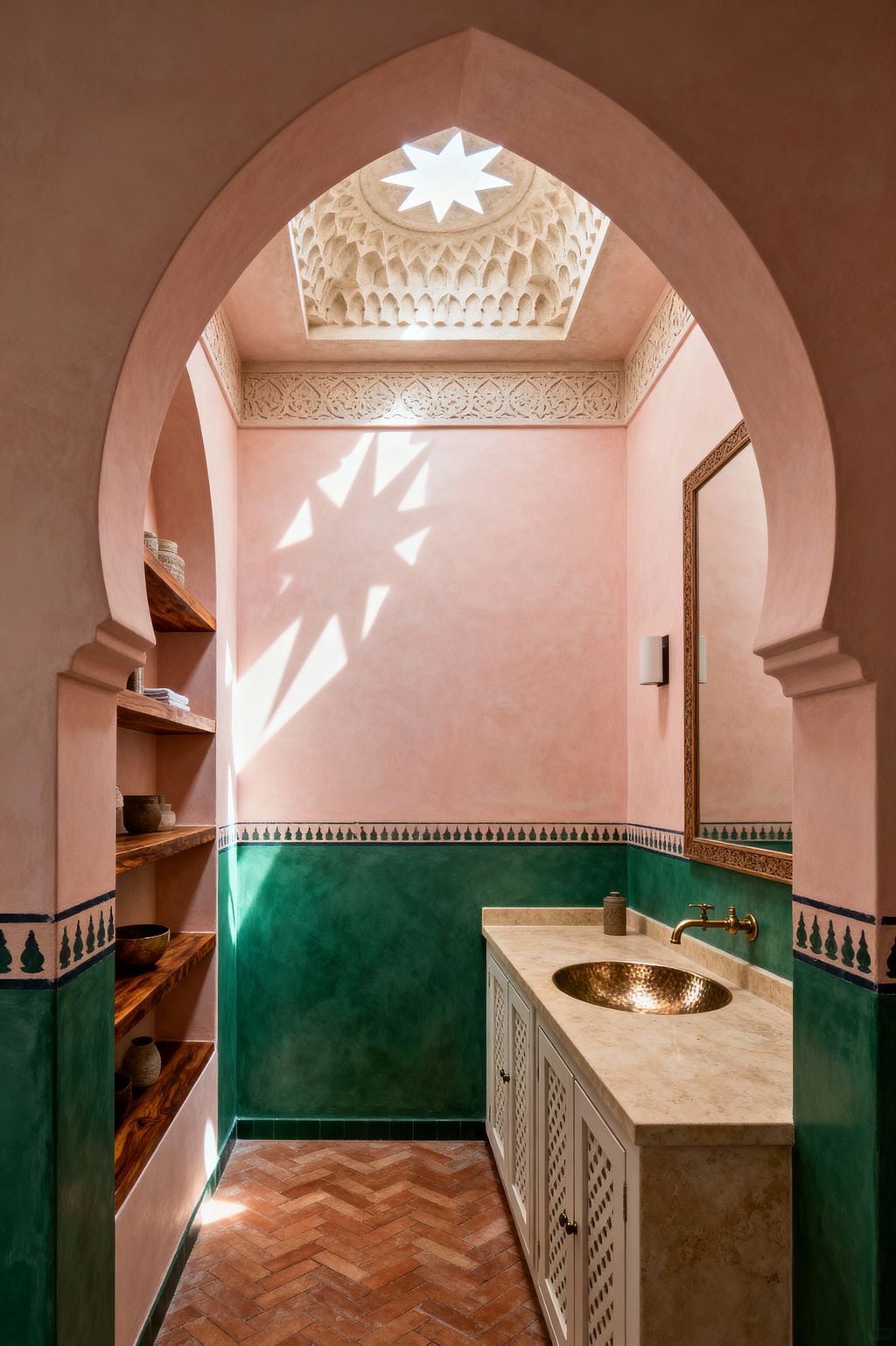 A compact Moroccan-style laundry with blush pink tadelakt walls above an emerald green lower dado and a narrow decorative border. A star-shaped skylight set in a carved muqarnas dome casts patterned light onto a limestone-topped vanity with a hammered brass sink and wall-mounted brass tap. Terracotta herringbone brick covers the floor, while arched niches hold open wood shelves and a carved-framed mirror, creating a warm, ornate utility space.