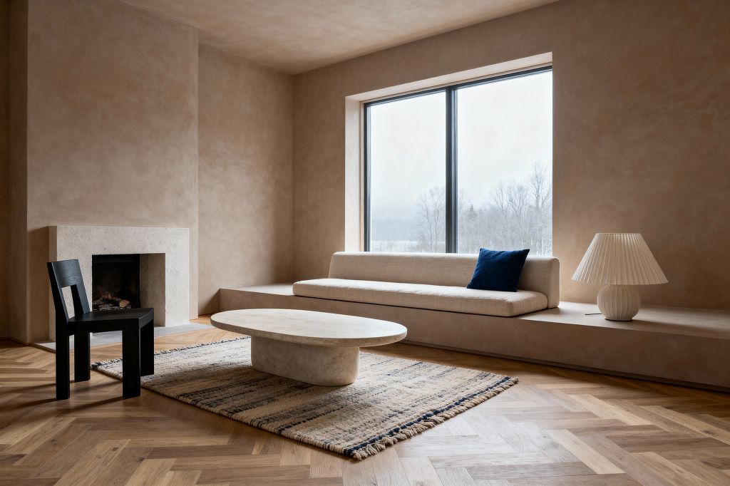 A minimalist Scandinavian living room with warm beige plaster walls and a large picture window showing a snowy landscape. A built-in, low-profile sofa in light beige upholstery sits on a continuous ledge, accented by a deep blue cushion and a pleated ceramic table lamp. An oval limestone coffee table rests on a striped wool rug over oak herringbone flooring, with a simple matte-black wooden chair and a light stone fireplace completing the calm, uncluttered space.