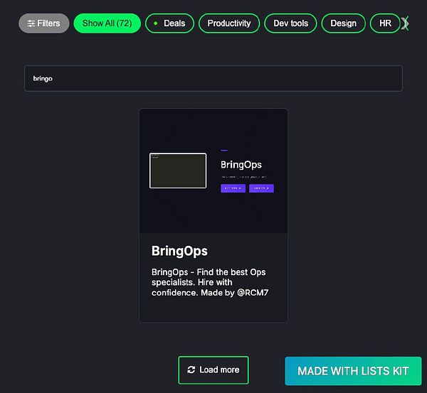 The image displays a user interface for a directory listing featuring BringOps, a hiring platform for operations specialists.