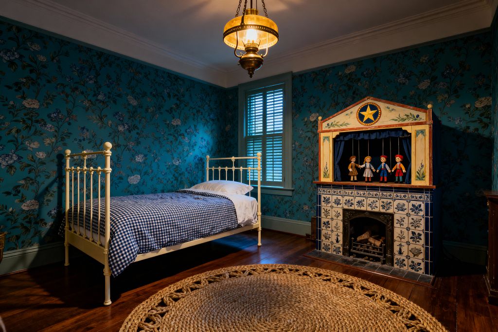 A Victorian-style children’s bedroom with teal floral wallpaper features a cream metal bed with blue-and-white gingham bedding. A brass pendant light warms polished hardwood floors and a round braided jute rug. To the right, a blue-and-white tiled fireplace with a cast-iron grate is topped by a hand-painted puppet theater with navy curtains and small dolls. A central window with painted louvered shutters anchors the back wall.
