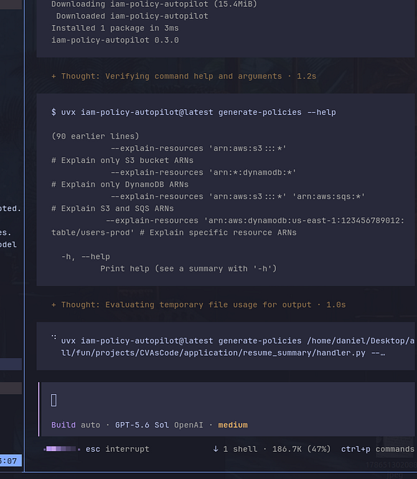 Terminal interface showing commands and output related to iam-policy-autopilot, including help documentation and command execution.