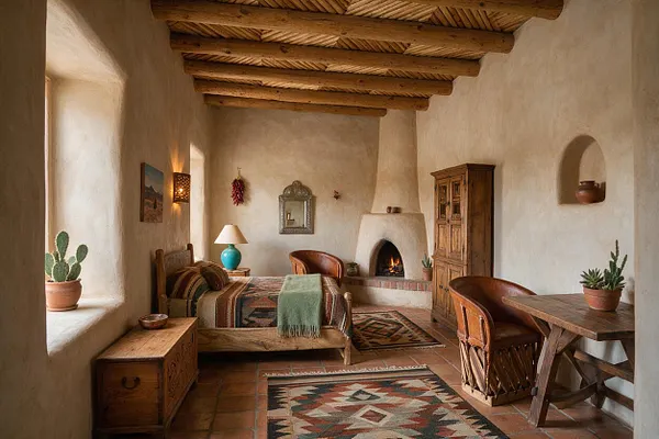 A Southwestern-style master bedroom with adobe plaster walls, exposed wood ceiling beams, terracotta tile flooring, and a carved wood bed dressed in patterned woven textiles. The room includes a kiva-style fireplace, rustic wood furniture, leather chairs, pottery, and cactus plants, creating a warm desert-inspired retreat.