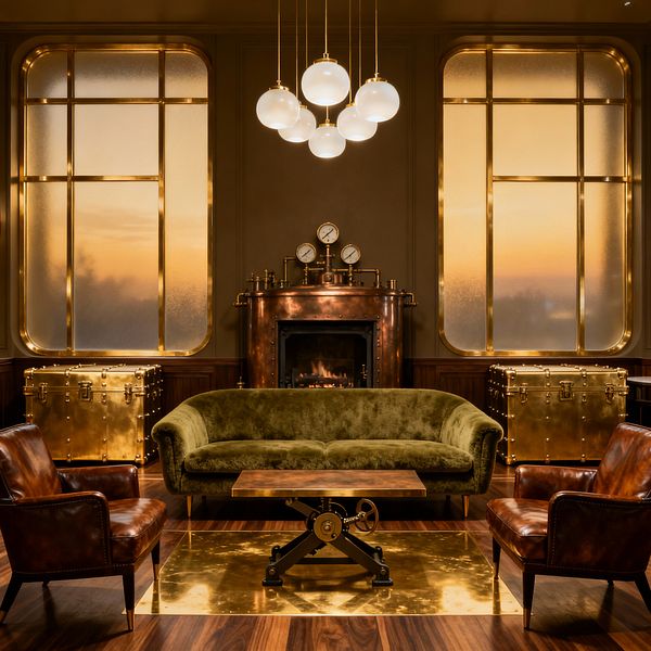 A symmetrical steampunk living room centers on a copper-clad fireplace topped with pressure gauges, flanked by frosted, brass-framed windows and riveted brass trunks. An olive green velvet sofa faces a mechanical coffee table with gear base, paired with two cognac leather armchairs on walnut flooring, beneath a cluster of opal globe pendants; warm amber light glows across metal finishes.