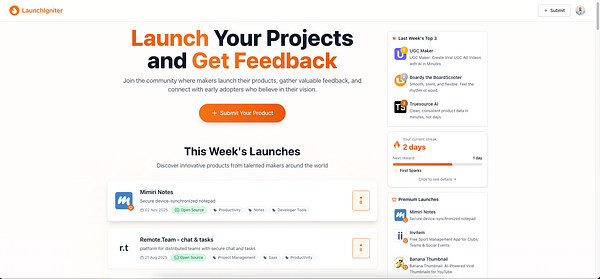 The image displays a user interface for LaunchIgniter, showcasing project launches and community engagement features.