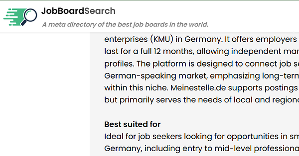 The image features a webpage for JobBoardSearch, highlighting its purpose and suitability for job seekers in Germany.