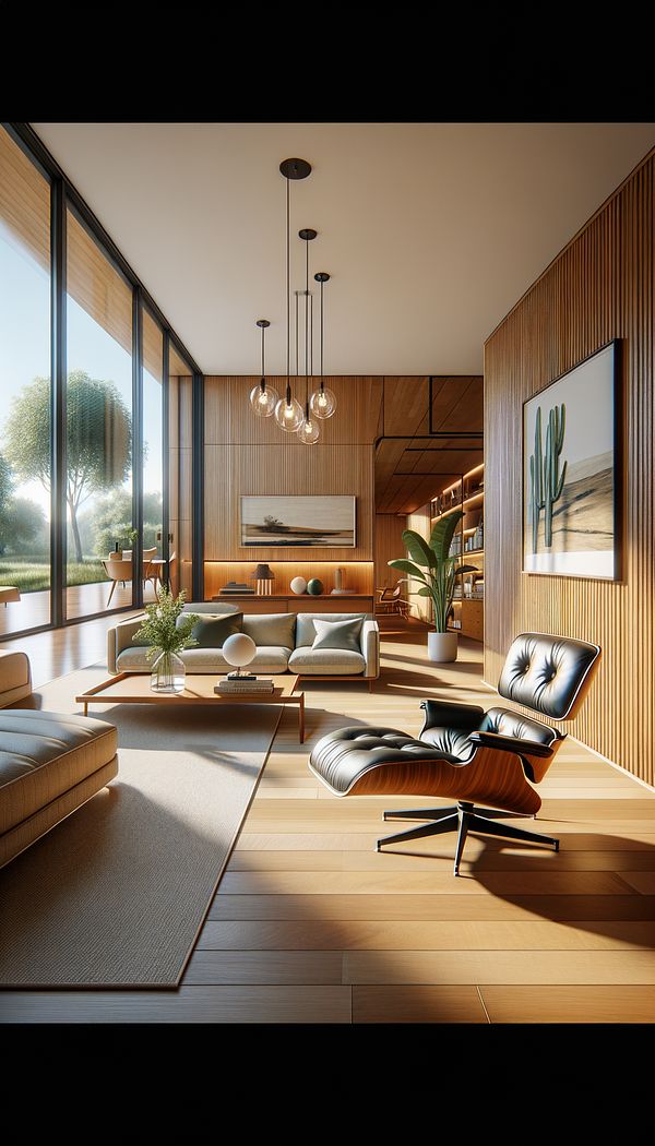 A living room furnished in Mid-Century Modern style with an emphasis on clean lines, natural light, and iconic furniture pieces such as the Eames lounge chair.