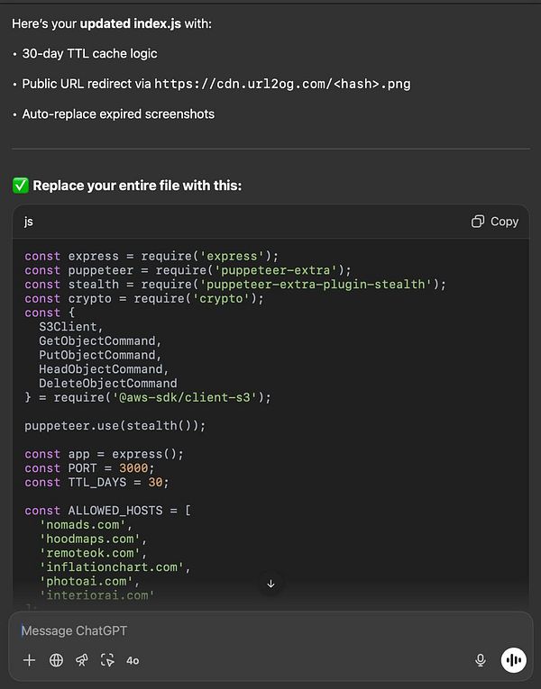 The image displays a code snippet for an updated JavaScript file with caching logic and URL redirection.