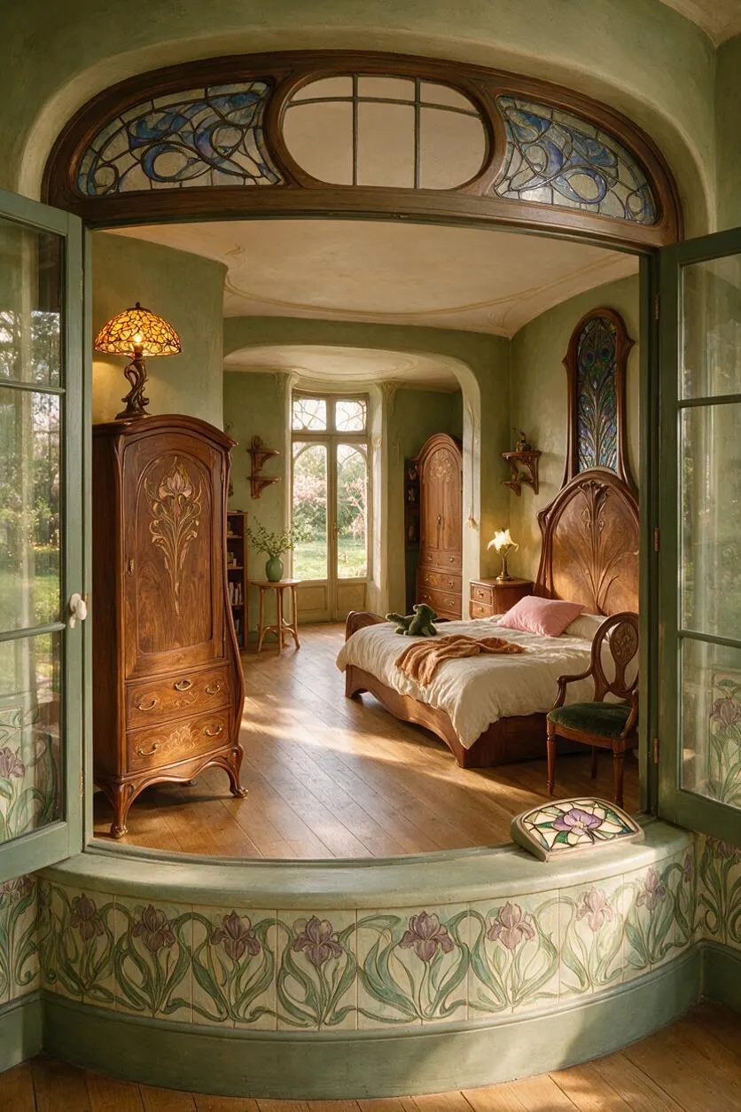 A cozy Art Nouveau kids' room with curved green plaster walls, stained glass transom windows, and warm wood furniture. A carved wooden bed, armoire, side tables, and floral tile detailing create a storybook atmosphere filled with soft natural light.