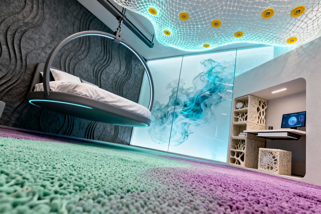 A futuristic kids bedroom shows a circular suspended bed with cyan LED trim beside dark gray wavy wall panels, beneath a glowing white rope net secured by yellow discs and a backlit glass wall with teal smoke art. A niche study area with a slim white desk, monitor, and coral-like 3D shelves sits nearby, while a plush mint-to-purple gradient rug softens the cool gray and white palette.