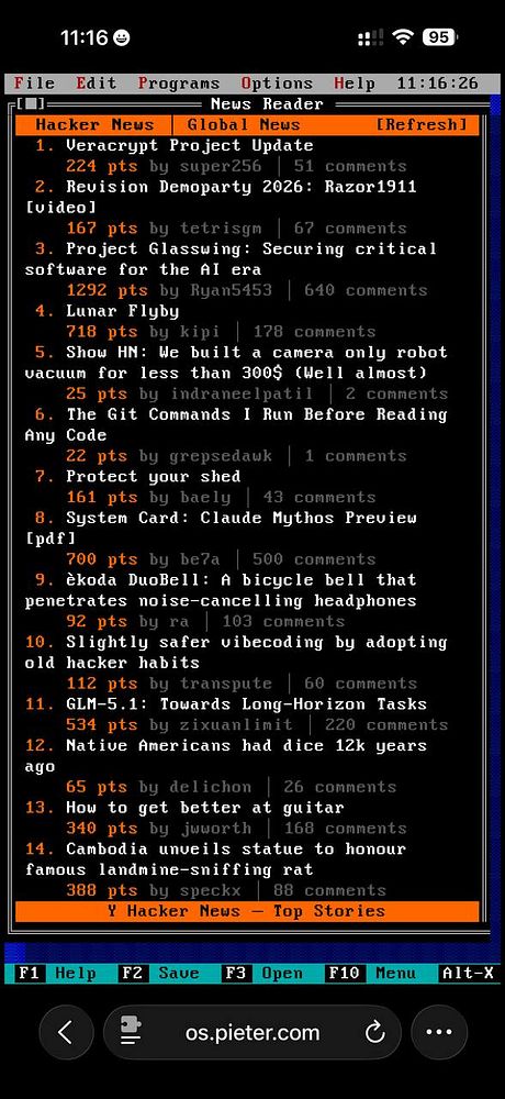 Mobile device screenshot of the os.pieter.com website homepage featuring Hacker News read on a black background with white text.