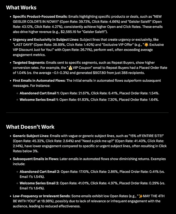 The image presents a detailed analysis of effective and ineffective email marketing strategies based on engagement metrics.