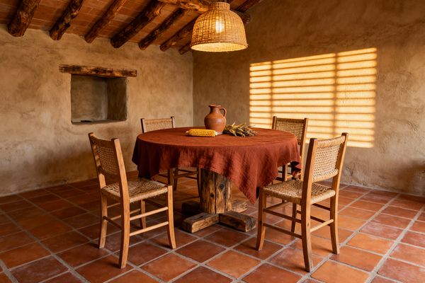 A rustic dining room with terracotta floor tiles, textured plaster walls, and a ceiling of exposed timber beams and clay tiles. At center is a round wooden pedestal table covered with a rust linen cloth, surrounded by four light-wood chairs with woven rush seats and backs. A large wicker pendant hangs above while late sunlight through slatted shutters casts stripes on the wall; an earthenware jug, dried corn, and grains sit on the table.