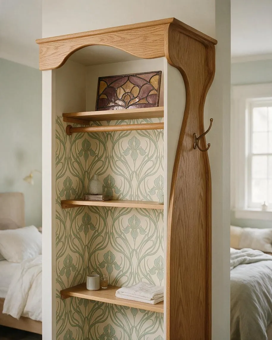 A narrow open closet or shelving unit stands in a soft, light-filled bedroom. It features a warm wood top and sculpted side panel with flowing Art Nouveau curves, open wooden shelves, a decorative botanical wallpaper back panel in muted green, and a small stained-glass accent on the top shelf.