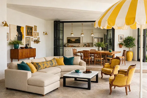A spacious eclectic patio with a cream sectional sofa, teal and mustard pillows, and a marble coffee table in the foreground. Behind it, a wooden dining table, antique-style yellow chairs, framed wall art, potted greenery, and a yellow-and-white striped umbrella create a layered indoor-outdoor setting.