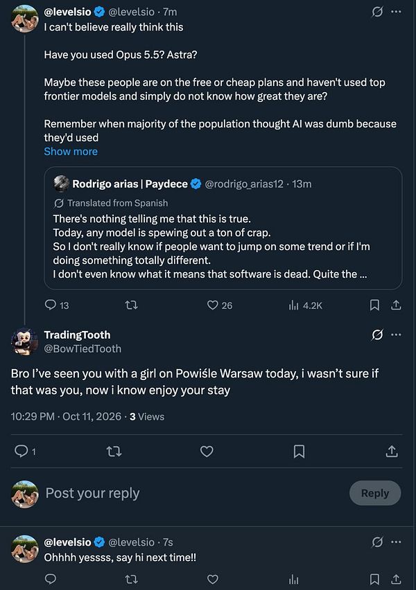 A Twitter conversation between users @levelsio and @BowTiedTooth discussing AI models and a sighting in Warsaw, Poland.
