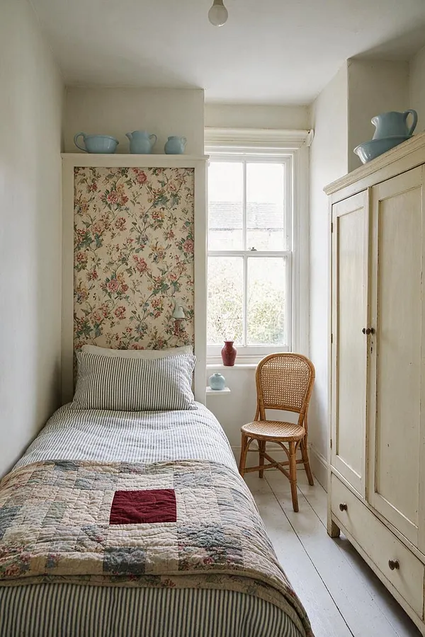 A narrow cottagecore bedroom with a single bed dressed in striped bedding and a floral patchwork quilt, set against a floral wallpapered headboard wall. A wicker chair sits by a bright window, and an antique cream wardrobe with blue ceramic pitchers adds to the vintage, homely feel.