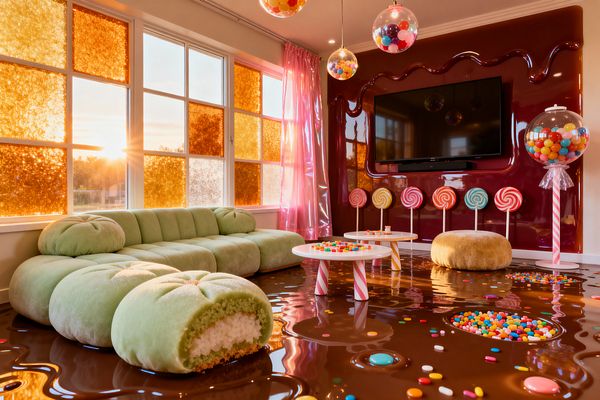 A whimsical living room styled like Candy Land features a mint-green tufted sectional and bun-shaped ottomans beside white round tables with candy-cane striped legs. The glossy floor resembles melted chocolate scattered with colorful candy pieces. A burgundy drippy lacquer wall holds a flat-screen TV, with globe pendants filled with gumballs overhead. Amber window panels and a pink iridescent curtain warm the space as lollipop props line the wall.