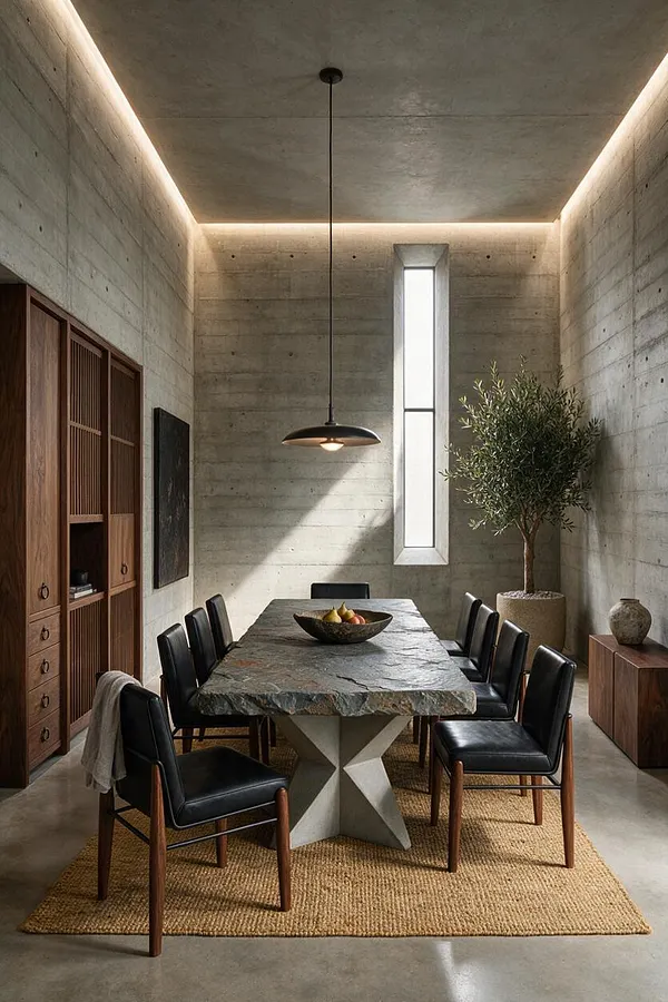 A Brutalist dining room with raw concrete walls and ceiling, a long stone-topped table on a woven rug, and black leather dining chairs with wood legs. Warm pendant and cove lighting soften the austere space, while a tall narrow window, wooden cabinet, and potted tree add contrast and balance.