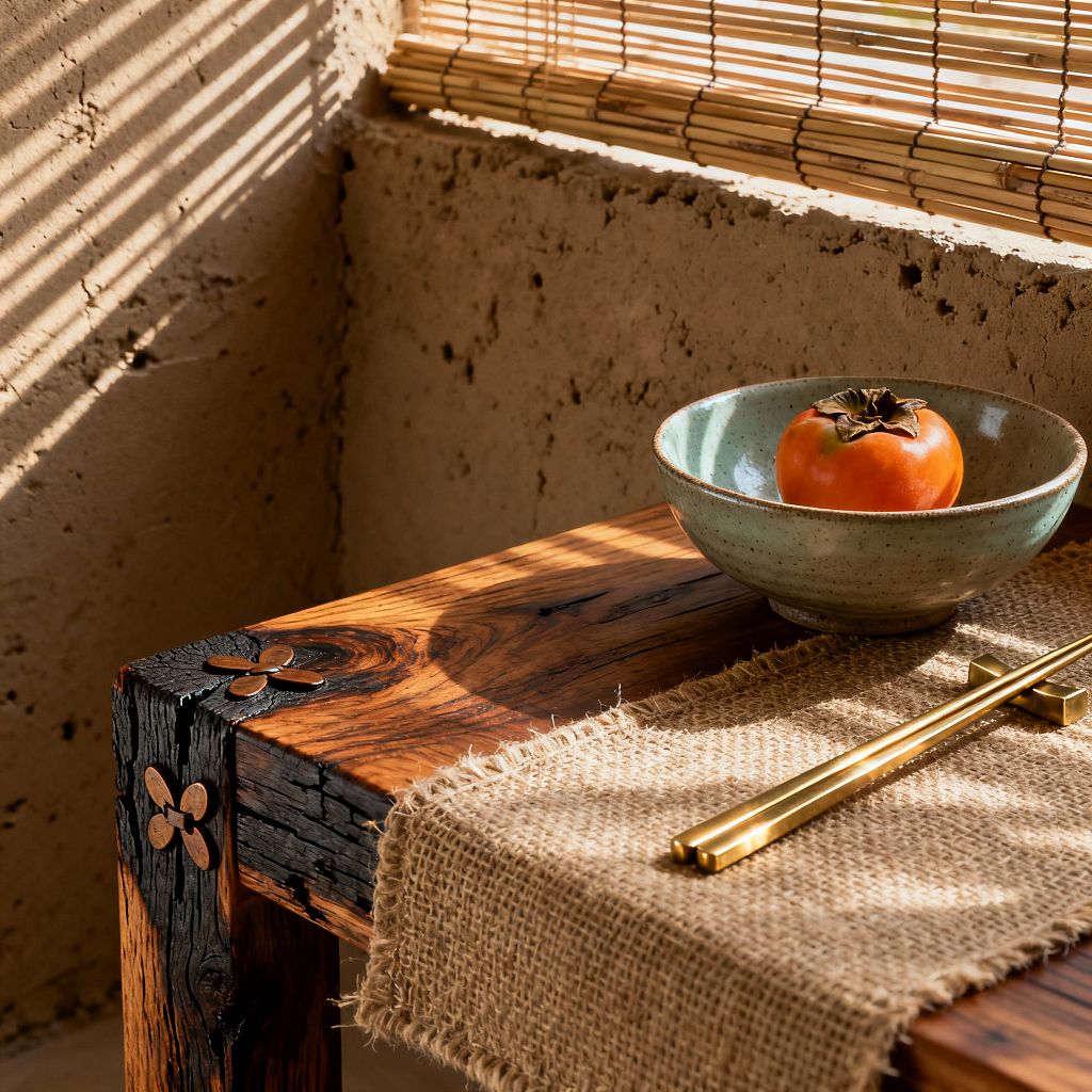 A close-up Wabi-Sabi dining scene shows a reclaimed wood table with a charred corner and small clover-shaped metal inlays. A rough jute runner sits beneath brass chopsticks on a matching rest. A speckled celadon ceramic bowl holds an orange persimmon. Sunlight from a bamboo roll-up blind casts linear shadows across the tabletop and an earthen plaster wall, emphasizing natural textures, wood grain, and purposeful imperfections.