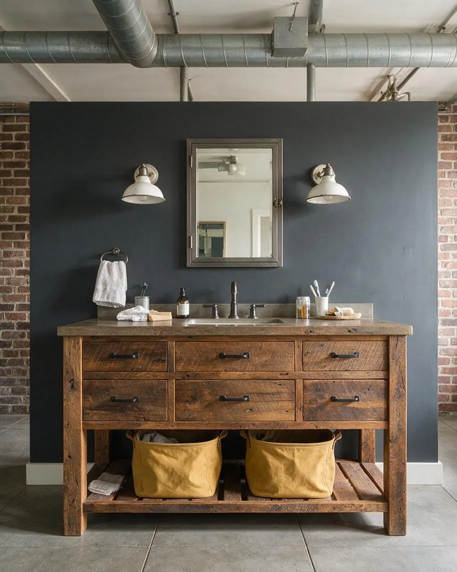 A master bathroom vanity features a rustic reclaimed wood cabinet with a stone countertop and integrated sink, set against a matte dark accent wall. Two industrial wall sconces flank a framed mirror, with exposed ductwork, brick side walls, and mustard storage baskets below completing the look.
