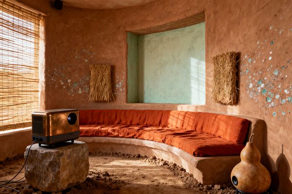 A compact media room with hand-troweled clay walls features a curved, built-in adobe bench topped with rust linen cushions. A pale mint plaster niche acts as the screen, flanked by straw wall pieces and turquoise speckles; bamboo blinds cast warm stripes of light, a copper-finished projector sits on a rough stone block, and a gourd-shaped speaker rests on the compacted earth floor.