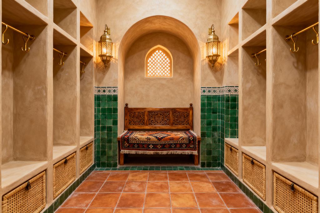 A symmetrical Moroccan-style mudroom with smooth sand-colored plaster walls and half-height emerald-green glazed tiles capped by a white geometric border. An arched niche centers a carved wooden bench draped with a patterned kilim, flanked by two perforated brass lantern sconces. Open plaster cubbies with brass hooks and woven baskets line both sides, and the floor is laid with rustic terracotta tiles under warm ambient light from the lanterns and a small arched lattice window.