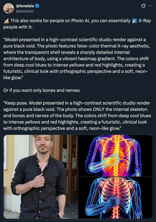 The image features a model alongside two thermal X-ray renderings of the human body.