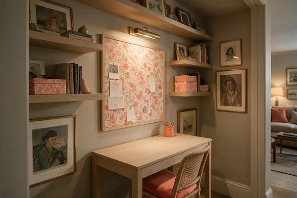A compact home office nook with a light wood desk, woven chair with a coral cushion, floating wood shelves, and a large floral bulletin board centered on the wall. Framed artwork, books, patterned boxes, and a brass picture light create a warm eclectic look in soft beige and peach tones.