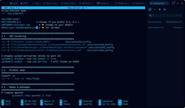 The image displays a terminal window showing a script named 'new_server.sh' for setting up a new VPS.
