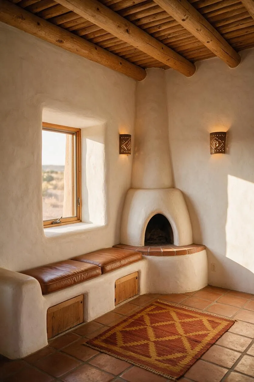 A Southwestern front porch with smooth adobe-style plaster walls, exposed wood ceiling beams, and a built-in curved corner fireplace. A long bench with leather cushions sits beneath a small wood-framed window, and warm terracotta tile flooring is softened by a geometric woven rug.