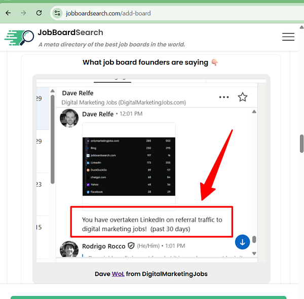 Screenshot of a testimonial section on a job board website featuring a happy user review.